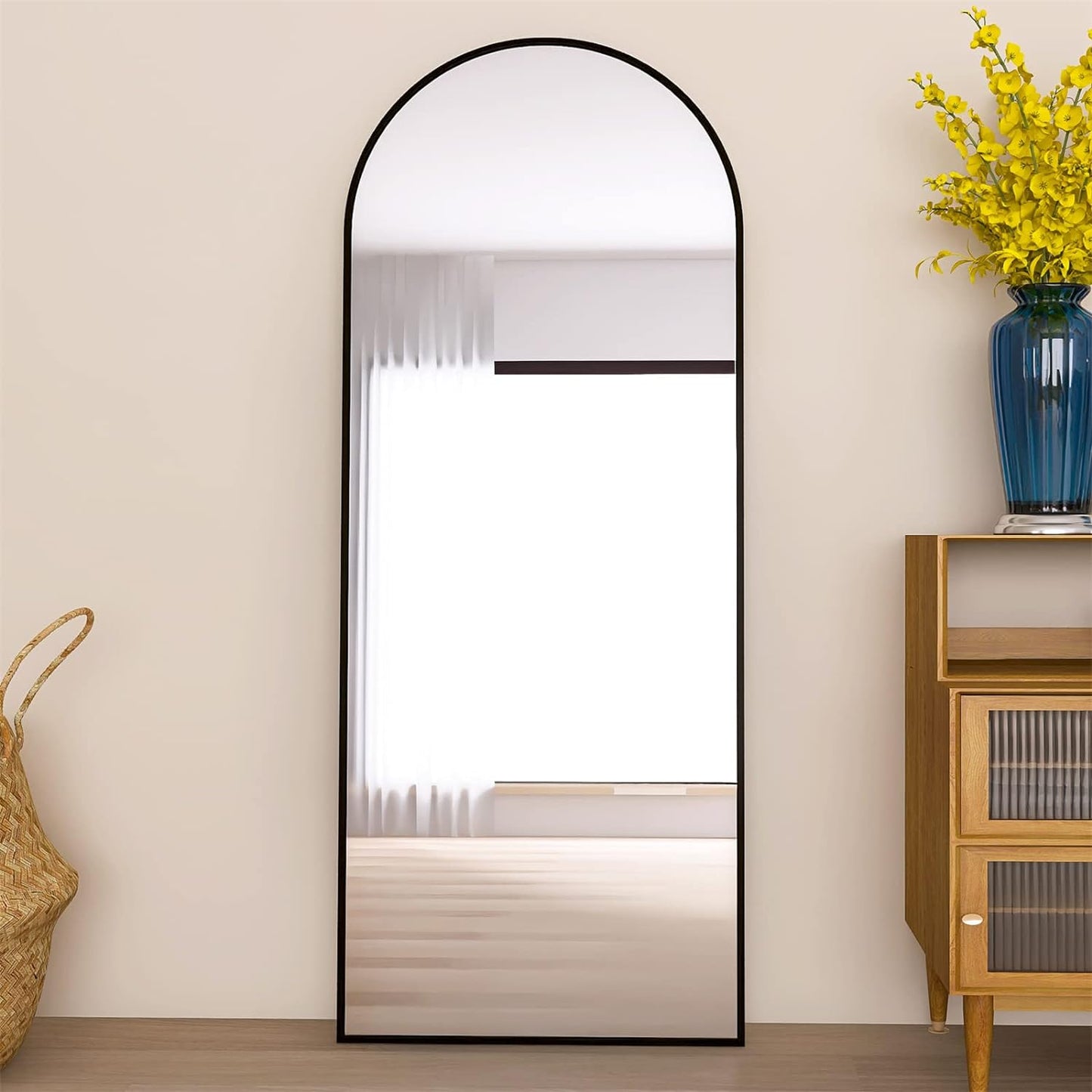 65"X24" Full Body Mirror, Arched Full Length Mirror Free Standing Leaning Mirror Hanging Mounted Mirror Aluminum Frame Modern Tall Mirrors for Living Room Bedroom Cloakroom, Black