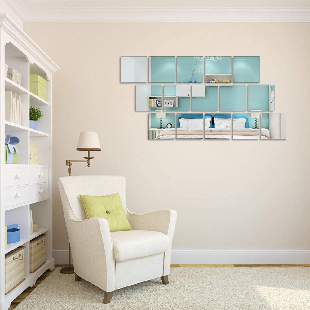 15 Pieces Square Acrylic Mirror Sticker Sheet, Removable Silver Mirror Wall Decor, Self Adhesive Wall Sticker Decals for Bathroom Living Room Bedroom Decor(6 X 6In)
