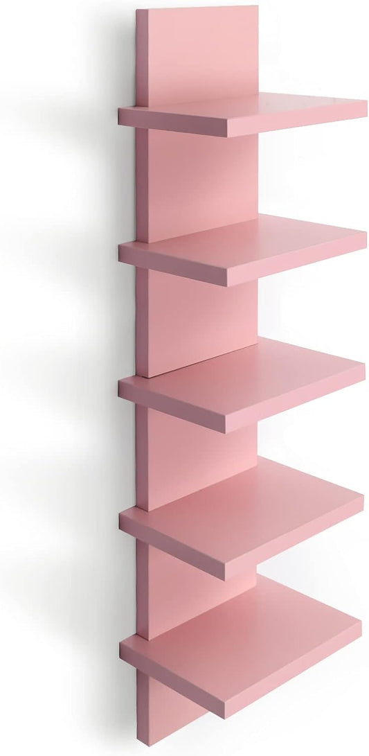 5 Tier Wall Shelves Pink, Vertical Column Shelf Floating Storage Home Decor Organizer Tall Tower Design Utility Shelving Bedroom Living Room, 30.7